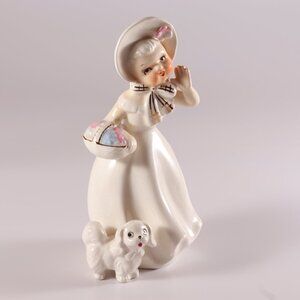 Shafford Hand Decorated Girl Walking Dog White Dress Hat and Basket 5B/216 Japan